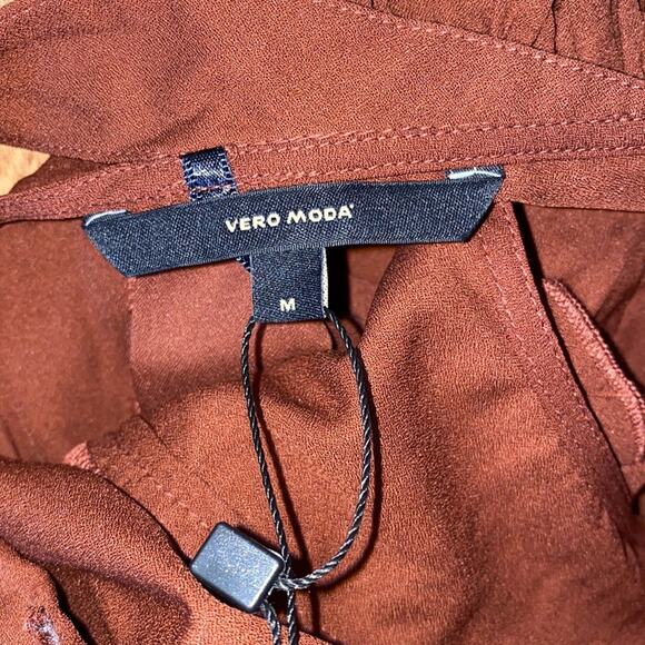 Vero Moda Odette Brown Ruffle Calf Dress NWT Sz M Women’s Polyester Tie Back - Picture 11 of 15